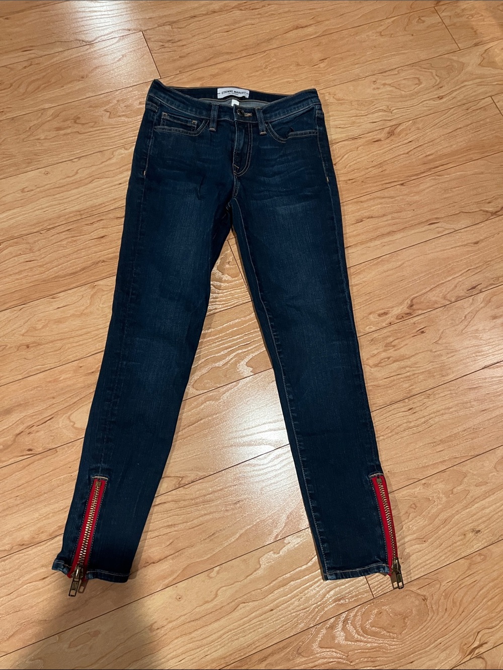 Dark Indigo Skinny Jeans with Red Ankle Zippers
